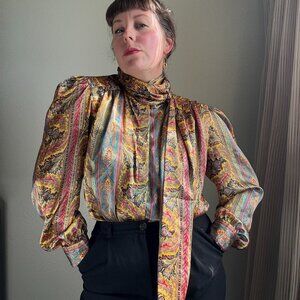 Vintage Secretary Blouse 80s La Chine Classic Printed Attached Scarf | M/L